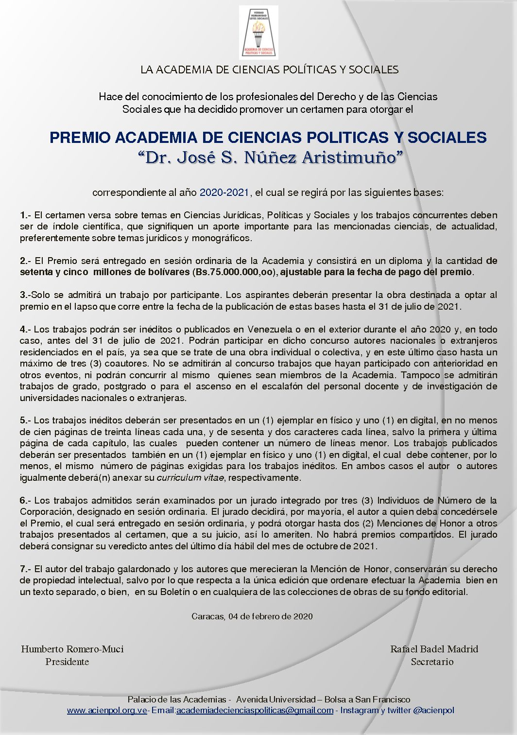 Bases Premio para profesionales del Derecho y Ciencias Sociales 2020-2021