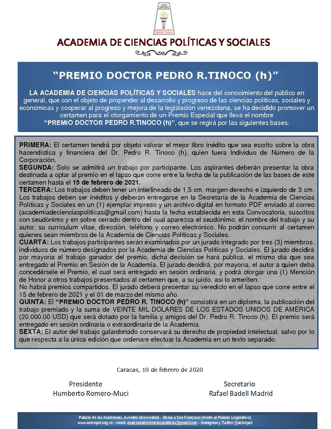 Premio Especial «PREMIO DOCTOR PEDRO R. TINOCO (h)»