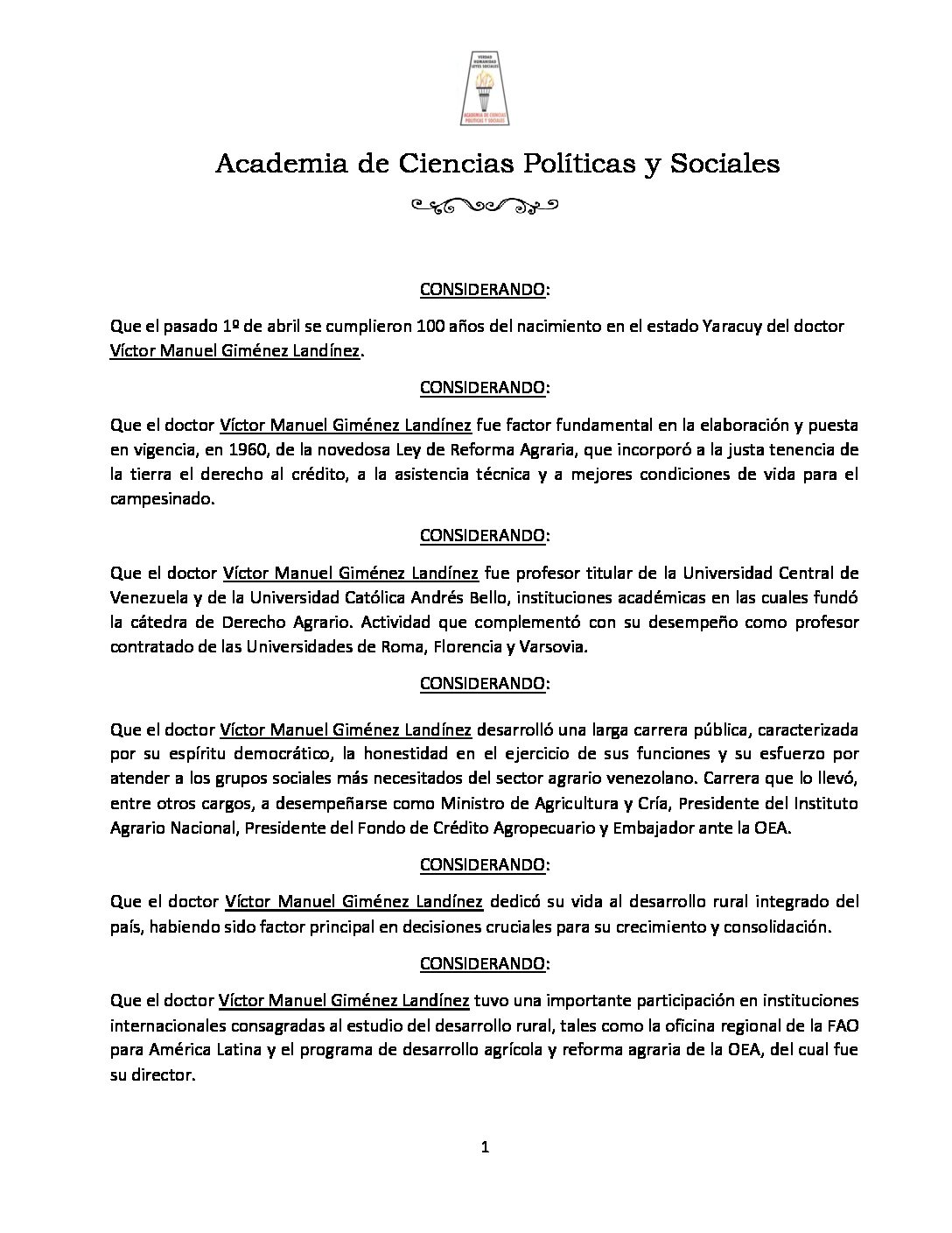 Acuerdo de júbilo por los cien años del nacimiento del Dr. Víctor Manuel Giménez Landínez