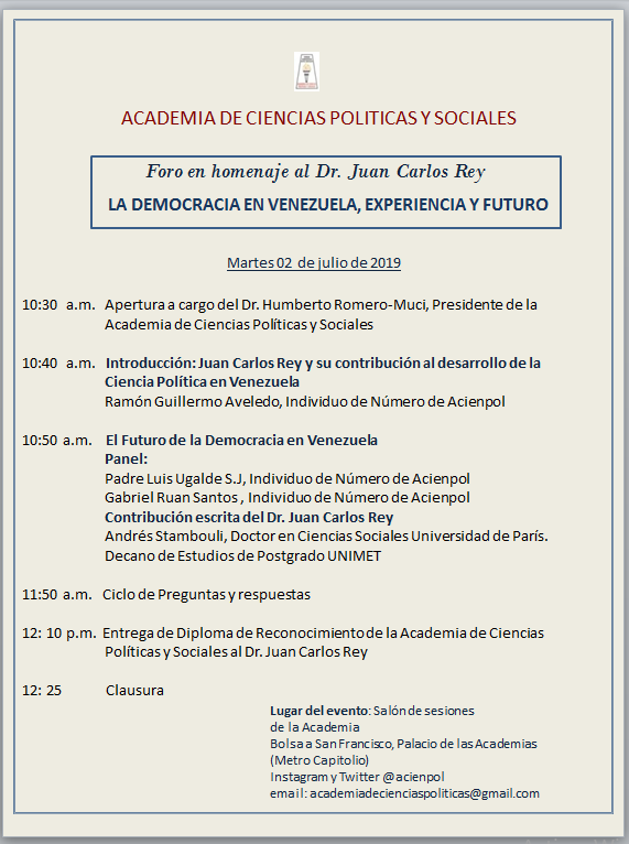 Foro en homenaje al Dr. Juan Carlos Rey. la Democracia en Venezuela, Experiencia y Futuro