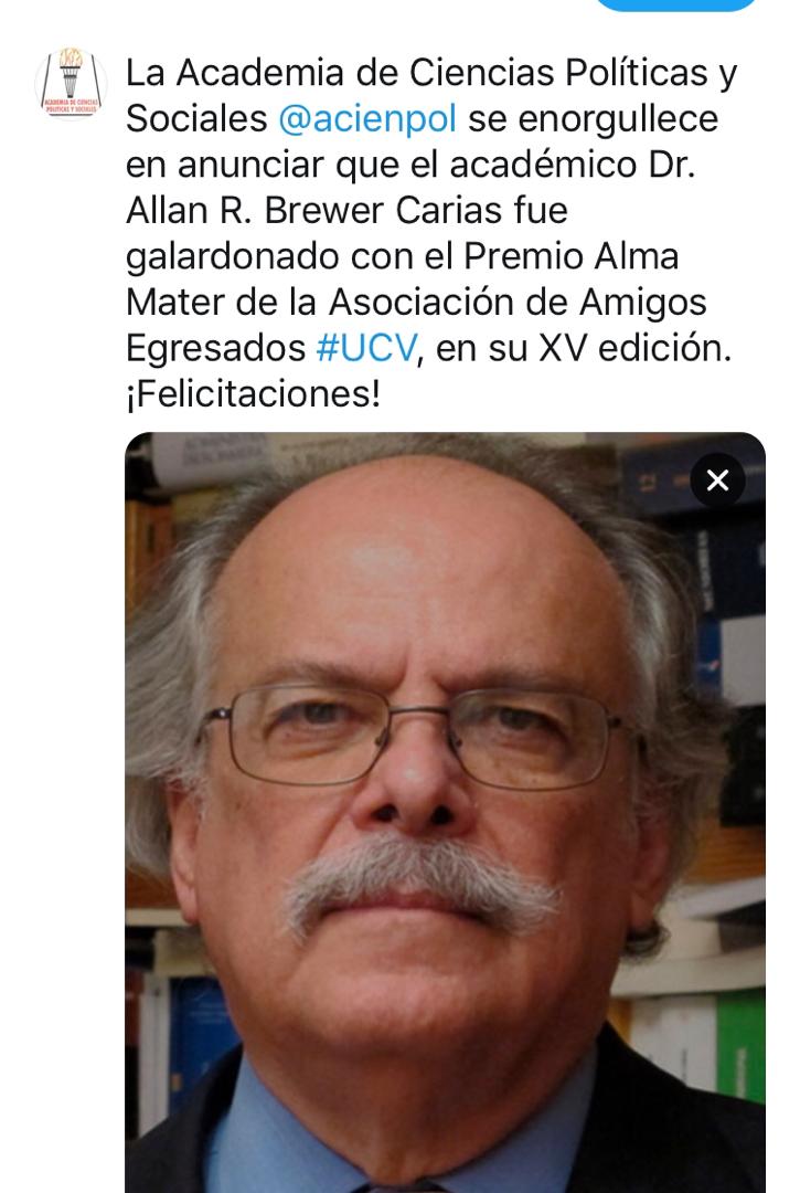 Dr. Allan Brewer-Carías galardonado con el Premio Alma Mater de la Asociación de Amigos Egresados de la UCV