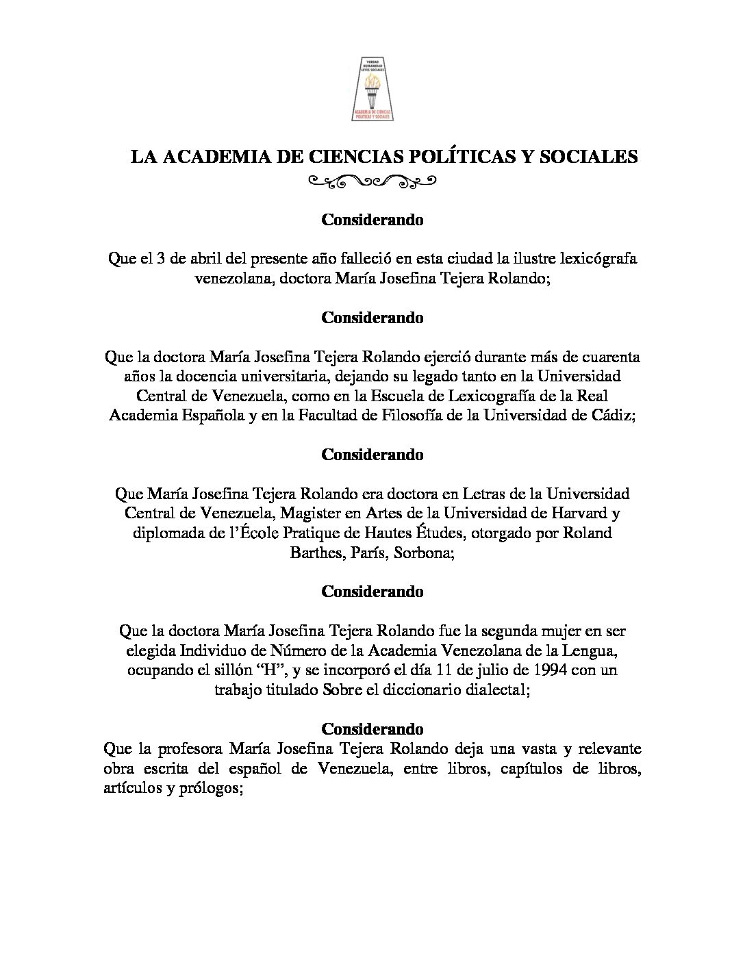 Acuerdo de duelo por el fallecimiento de la doctora María Josefina Tejera Rolando