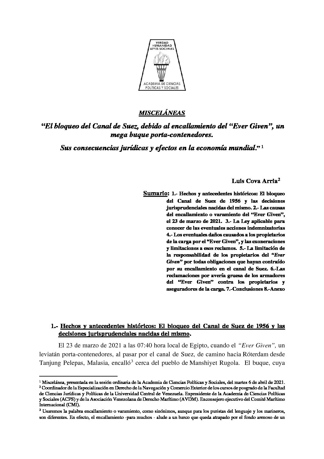 Artículo del Dr. Luis Cova Arria: El bloqueo del Canal de Suez, debido al encallamiento del “Ever Given”, un mega buque porta-contenedores.