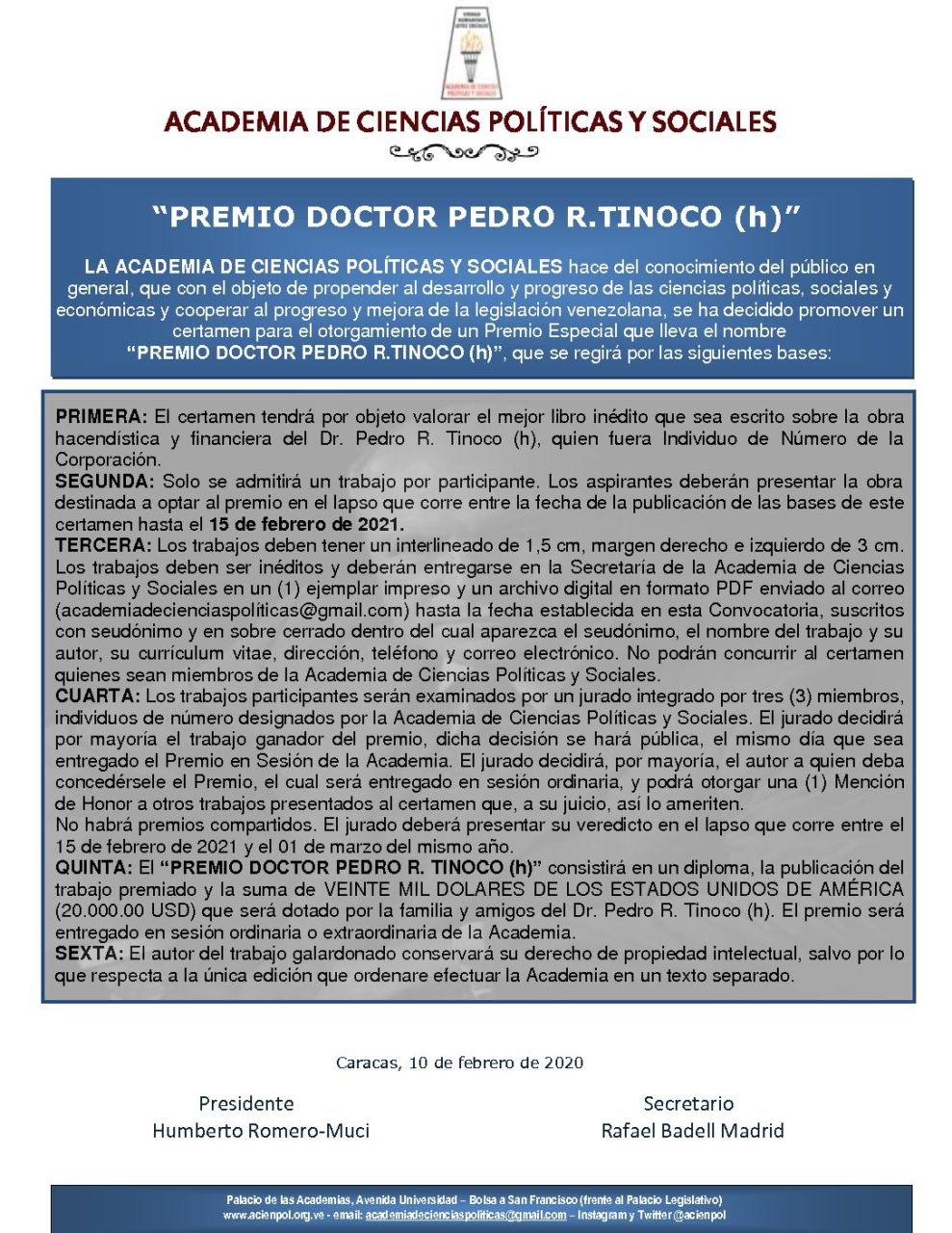 Extendida la prórroga del  Certamen “PREMIO DOCTOR PEDRO R.TINOCO (h)”