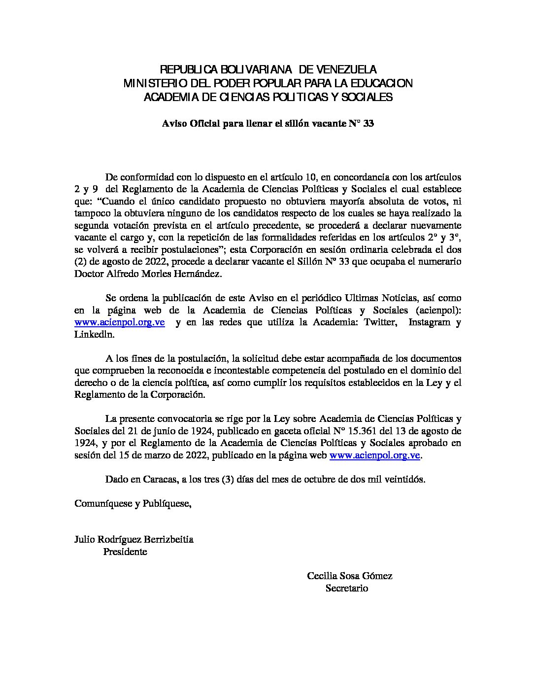 Aviso Oficial para llenar el sillón vacante N° 33