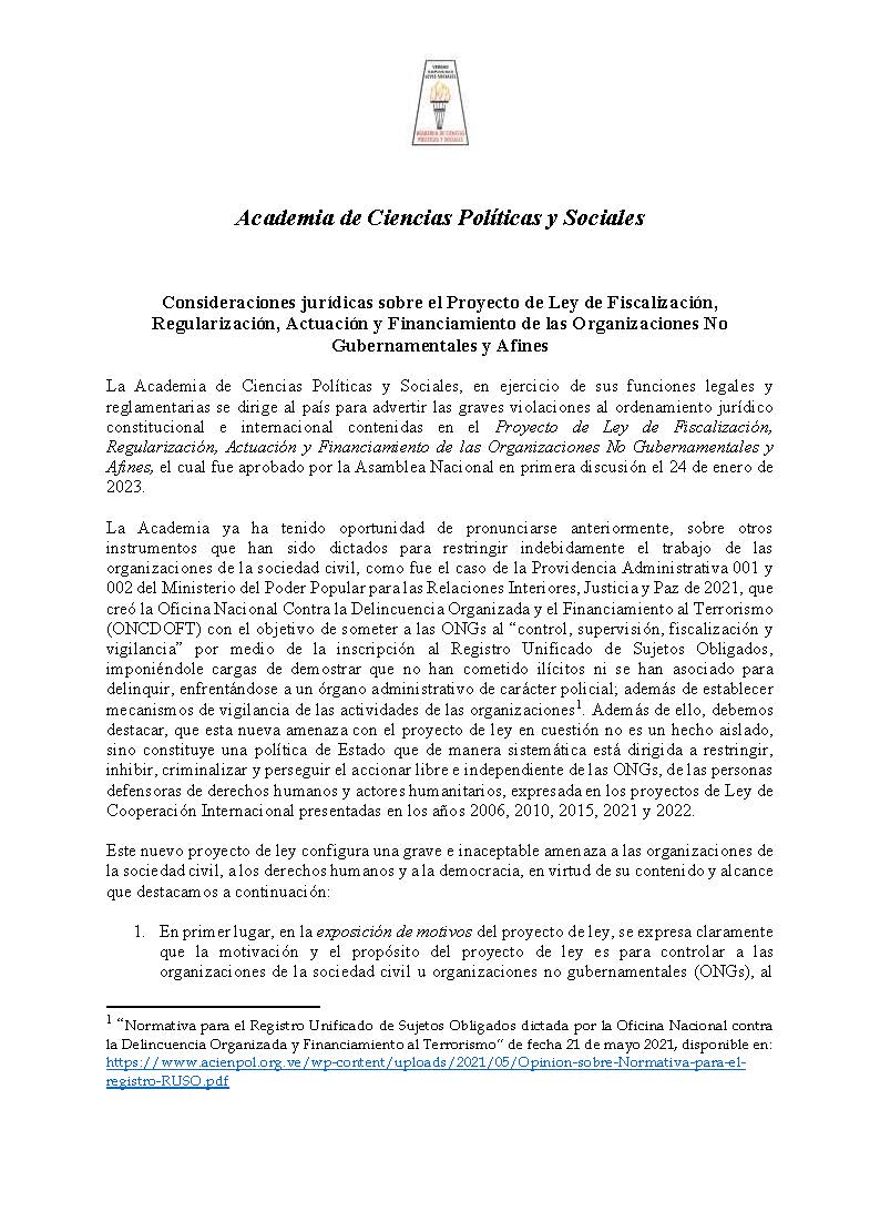 Consideraciones jurídicas sobre el Proyecto de Ley de Fiscalización, Regularización, Actuación y Financiamiento de las Organizaciones No Gubernamentales y Afines