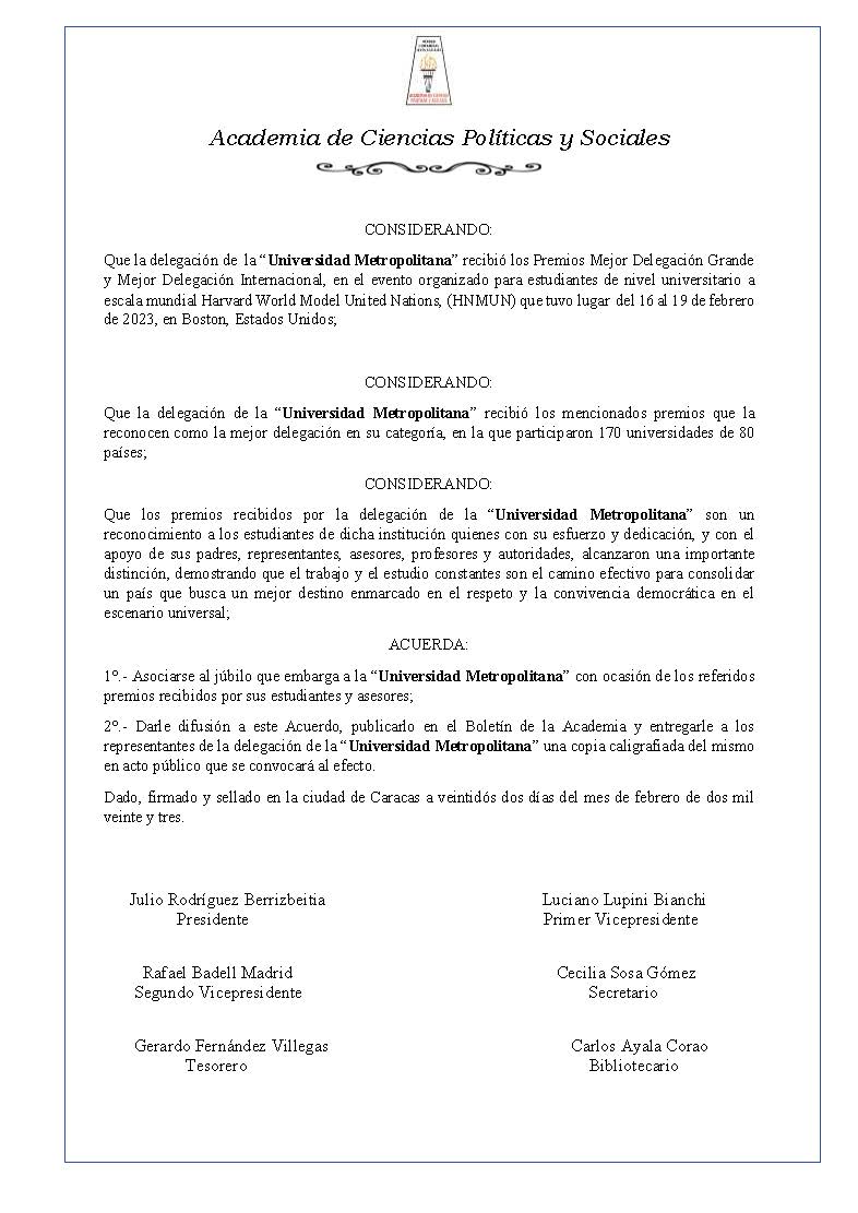 Acuerdo de júbilo de la Academia de Ciencias Políticas y Sociales por los premios: Mejor Delegación Grande y Mejor Delegación Internacional, a la Universidad Metropolitana