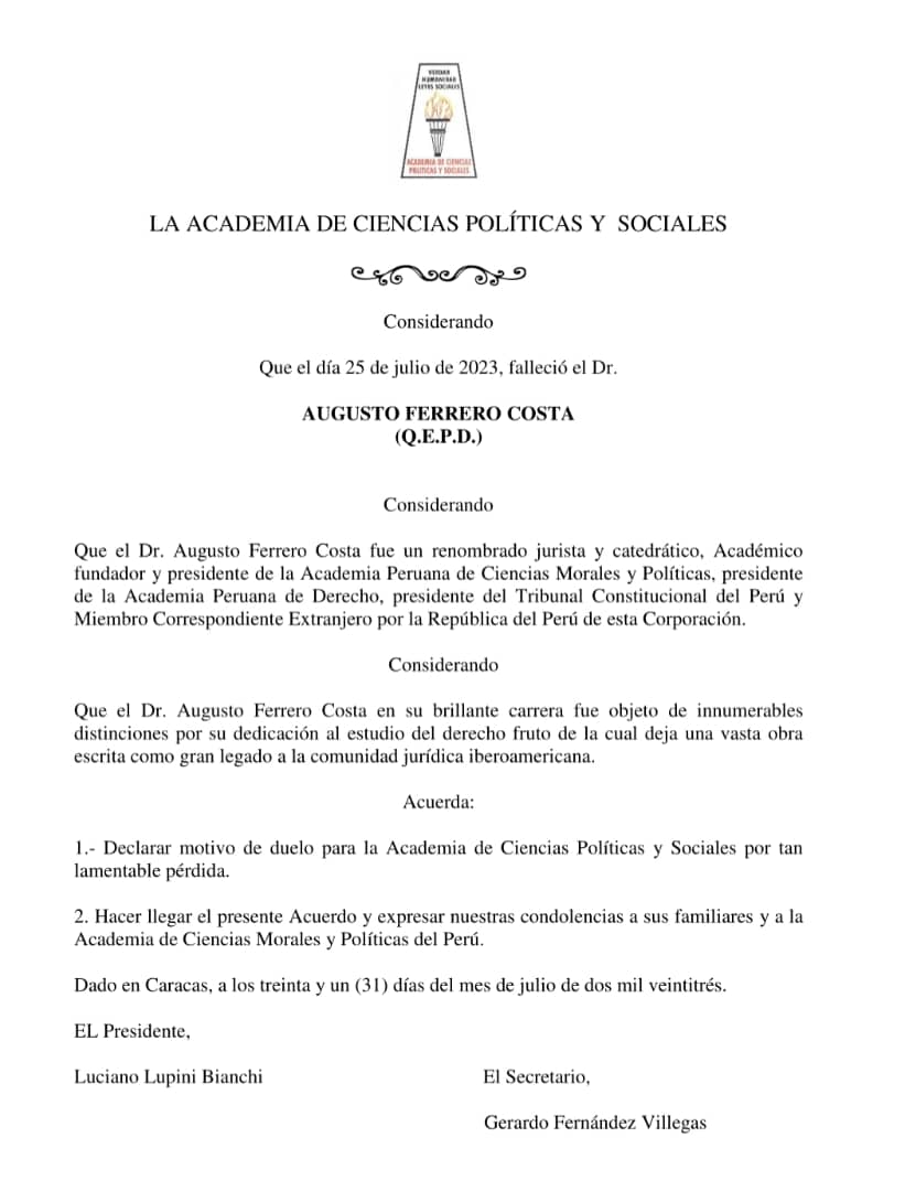 Acuerdo de duelo con ocasión del lamentable fallecimiento del Dr. AUGUSTO FERRERO COSTA