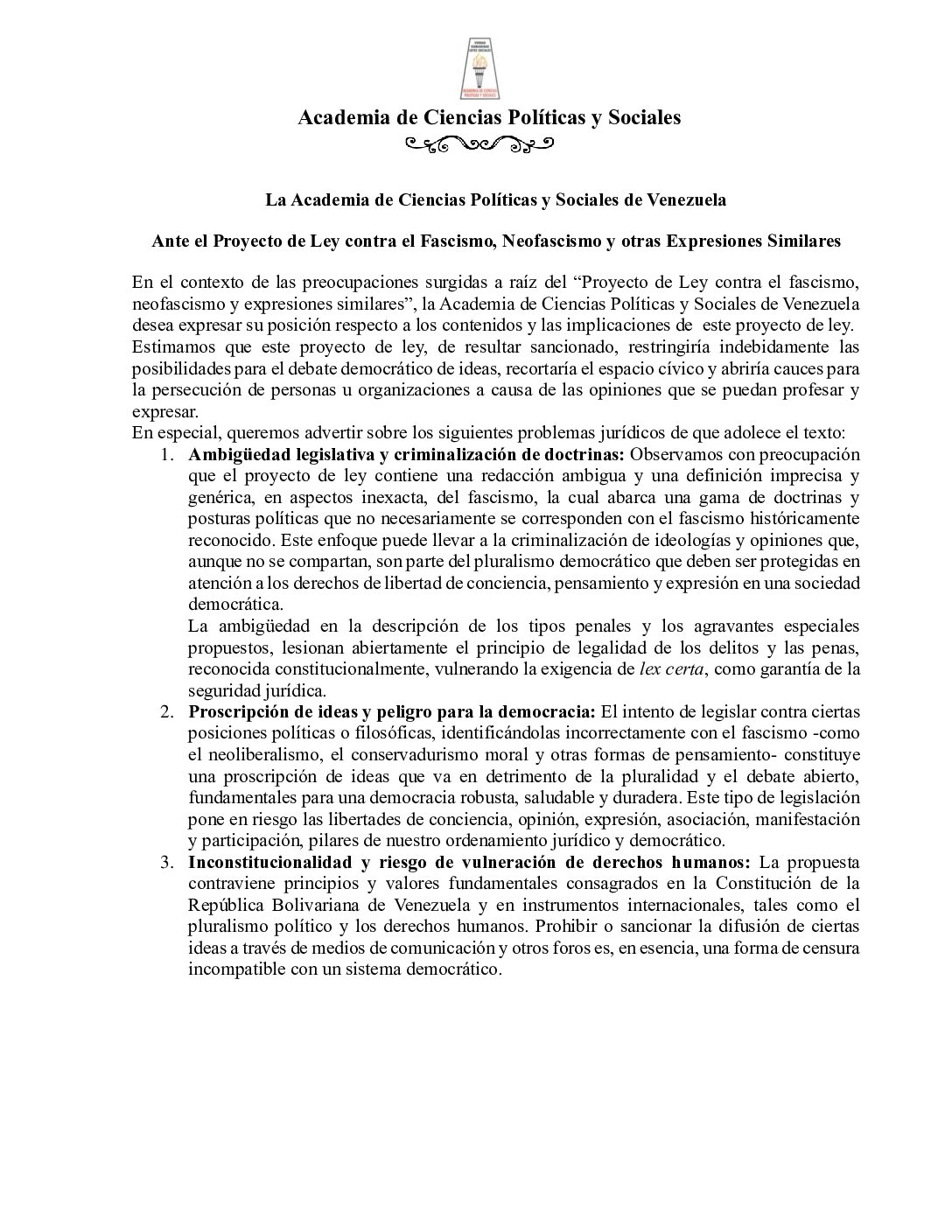 Pronunciamiento de la Academia de Ciencias Políticas y Sociales de Venezuela ante el Proyecto de Ley contra el Fascismo, Neofascismo y otras Expresiones Similares. 07 de mayo de 2024