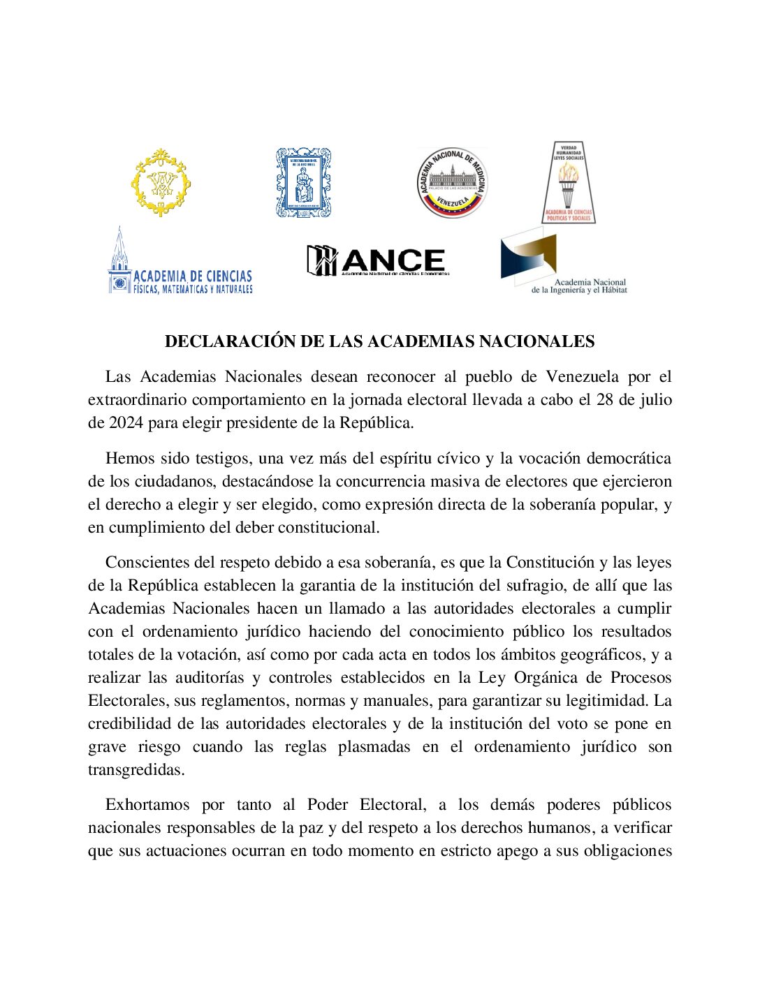 Declaración de las Academias Nacionales, reconociendo al pueblo de Venezuela por el extraordinario comportamiento en la jornada electoral del 28 de julio de 2024