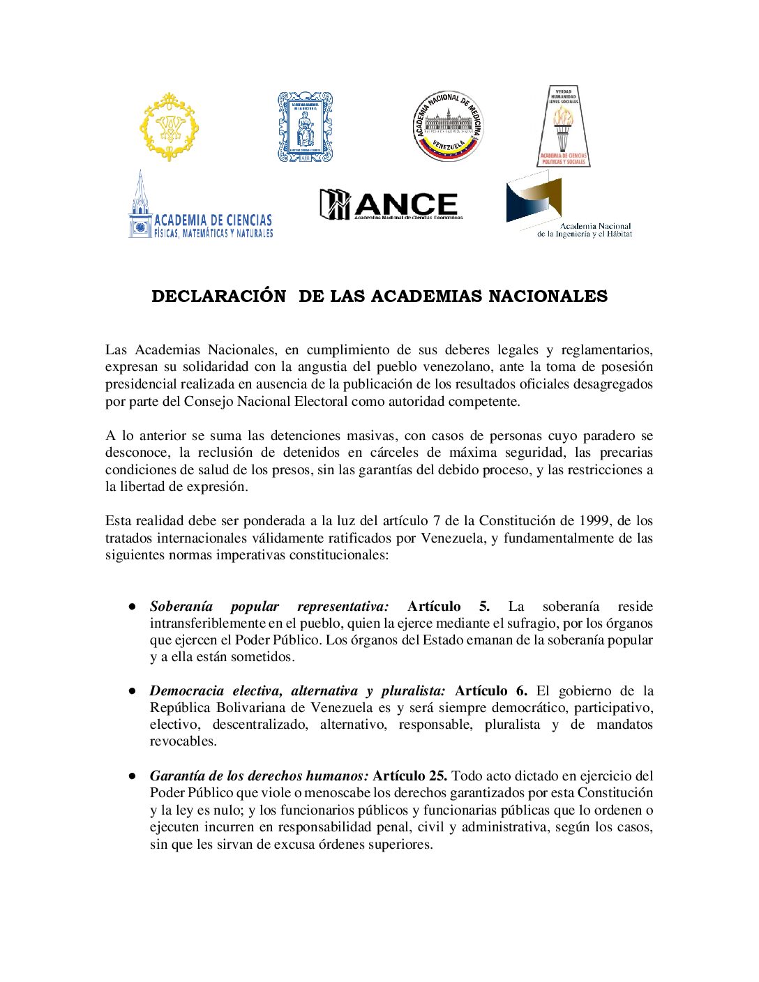 Declaración de las Academias Nacionales