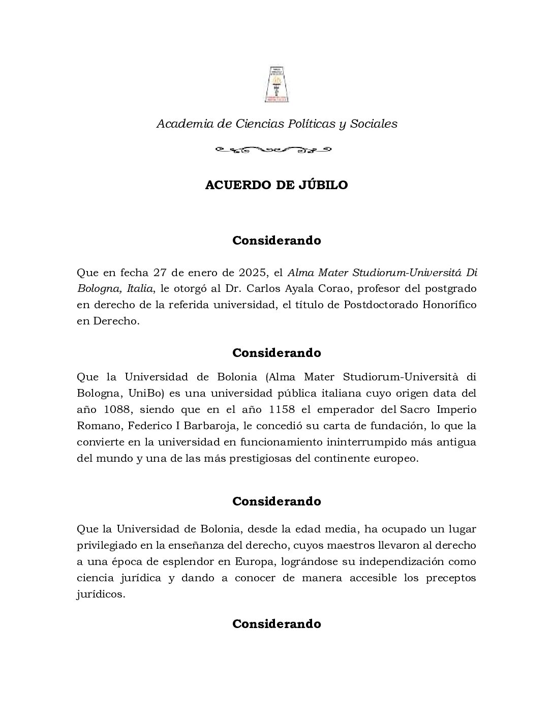 Acuerdo de Júbilo por el Dr. Carlos Ayala Corao